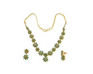 Gold Emerald necklace isolated on white background