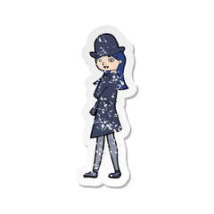 retro distressed sticker of a cartoon woman wearing sensible hat