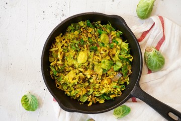 Skillet roasted shaved Brussels Sprouts, Overhead view