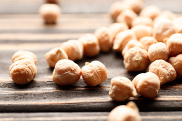 Chickpeas closeup on a wooden table