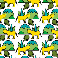 color lion with plant leaves and mountains background