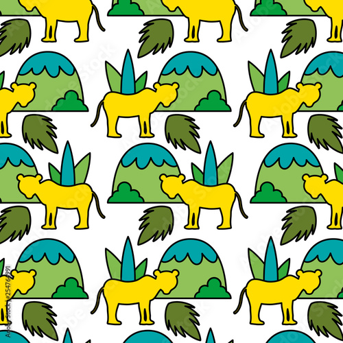 color lion with plant leaves and mountains background