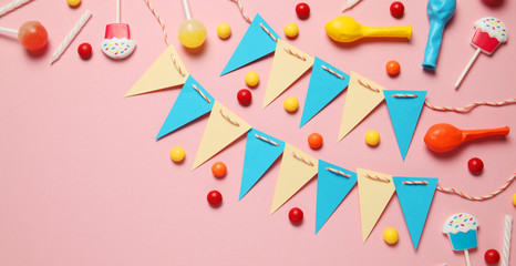 Colorful happy birthday decor for children party. Invitation.