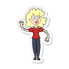sticker of a cartoon worried woman waving