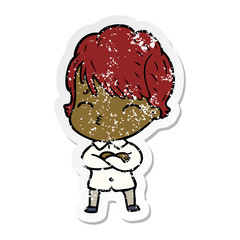 distressed sticker of a cartoon woman thinking