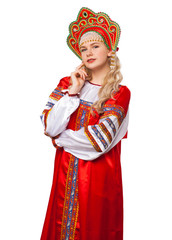 Traditional Russian folk costume, portrait of a young beautiful girl