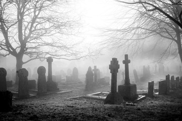 scarey grave yard in the mist back and white photograph - obrazy, fototapety, plakaty