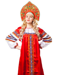 Traditional Russian folk costume, portrait of a young beautiful girl