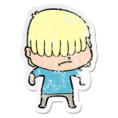 distressed sticker of a cartoon boy with untidy hair