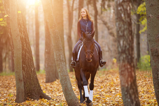 Teenage girl riding horse in autumn park