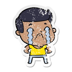 distressed sticker of a cartoon man crying