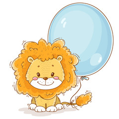 Cute cartoon lion with balloon. Greeting card.