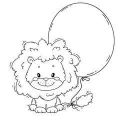 Cute lion with balloon. Coloring page book for children.