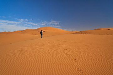 Fototapeta na wymiar Morocco, back view of man with backpack standing on desert dune