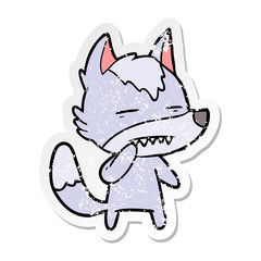 distressed sticker of a unsure wolf showing teeth