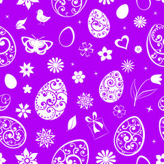 Seamless pattern of eggs, flowers, gift box, chicken and other Easter symbols, white on purple