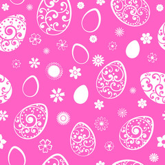 Seamless pattern of Easter eggs and flowers, white on pink
