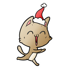 happy gradient cartoon of a cat meowing wearing santa hat