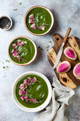 Homemade green spring spinach cream soup decorated with watermelon radish, black sesame seeds and microgreens
