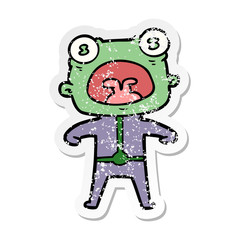 distressed sticker of a cartoon weird alien shouting