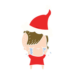 flat color illustration of a crying girl wearing santa hat
