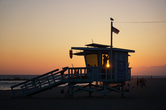 Lifeguard hut during sunset on Venice Beach, Los Angeles, California.