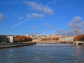 Naklejka premium Bridge Gateway Courthouse Palais de Justice and its single pylon and cables in Lyon, France, Europe