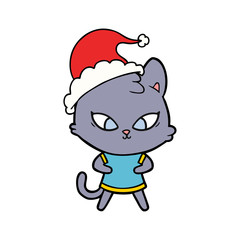 cute line drawing of a cat wearing santa hat