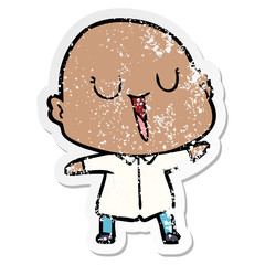 distressed sticker of a happy cartoon bald man