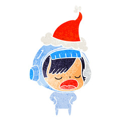 retro cartoon of a astronaut woman explaining wearing santa hat