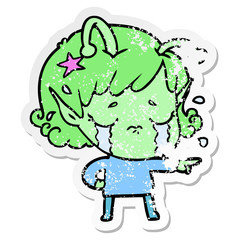 distressed sticker of a cartoon crying alien girl