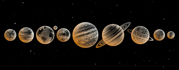 Collection of planets in solar system. Engraving style. Vintage elegant science set. Sacred geometry, magic, esoteric philosophies, tattoo, art. Isolated hand-drawn vector illustration - obrazy, fototapety, plakaty