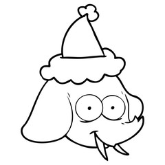 line drawing of a elephant face wearing santa hat