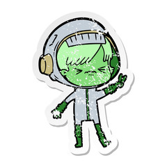 distressed sticker of a cartoon astronaut woman