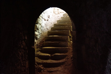 exit of vaulted cellar in castle ruin in summer