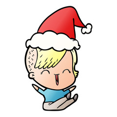 gradient cartoon of a happy hipster girl wearing santa hat
