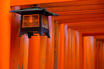 View of red tori gates with columns at the Fushimi Inari Taisha shrine, located at the base of the Inari mountain in Kyoto, Japan