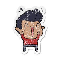 distressed sticker of a cartoon happy man