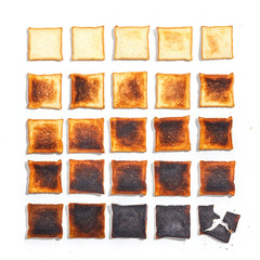 set of toasts with varying degrees of roasting. Isolated on white.