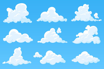 Vector cartoon clouds isolated on blue sky. Set of white cumulus clouds. Cloudy heaven background. Illustration for your design. Eps 10.