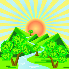Cartoons landscape background, Lorem Ipsum. Green tree, mountain, yellow sun rays, blue sky, river. Flat design stock vector illustration for web, for print