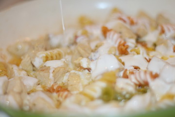 pasta with chicken meat and sauce in Italian way