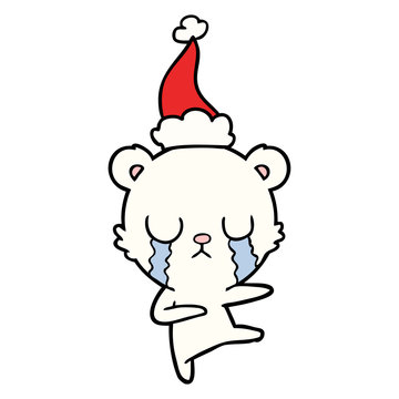 crying polar bear line drawing of a wearing santa hat