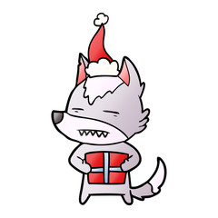 gradient cartoon of a wolf with a gift wearing santa hat