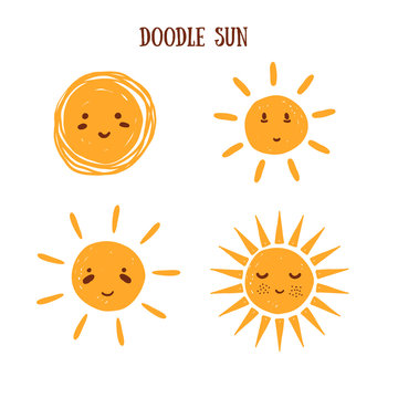 Emoji doodle sun collection, smiling sign of summer, good weather. Cartoon morning symbol