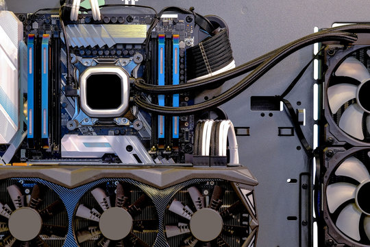 Close-up and inside Desktop PC Gaming and Water Cooling CPU, interior on Computer PC case and technology background