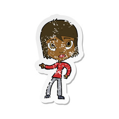 retro distressed sticker of a cartoon pointing woman