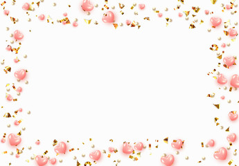 Background with pink hearts and round beads strewn with golden confetti