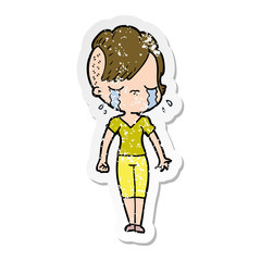 distressed sticker of a cartoon crying girl