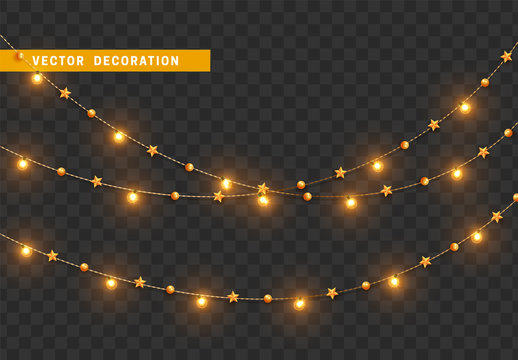Christmas decorations, isolated on transparent background. Golden light garlands and star realistic set. Gold Xmas decor. Festive design element